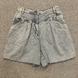 90s Together! Vintage Acid Wash Denim Shorts High Waisted Pleated Raw Hem 4